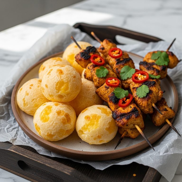 Delectable Brazilian Cheese Bread Rolls (Pão de Queijo) with Spicy Chicken Skewers